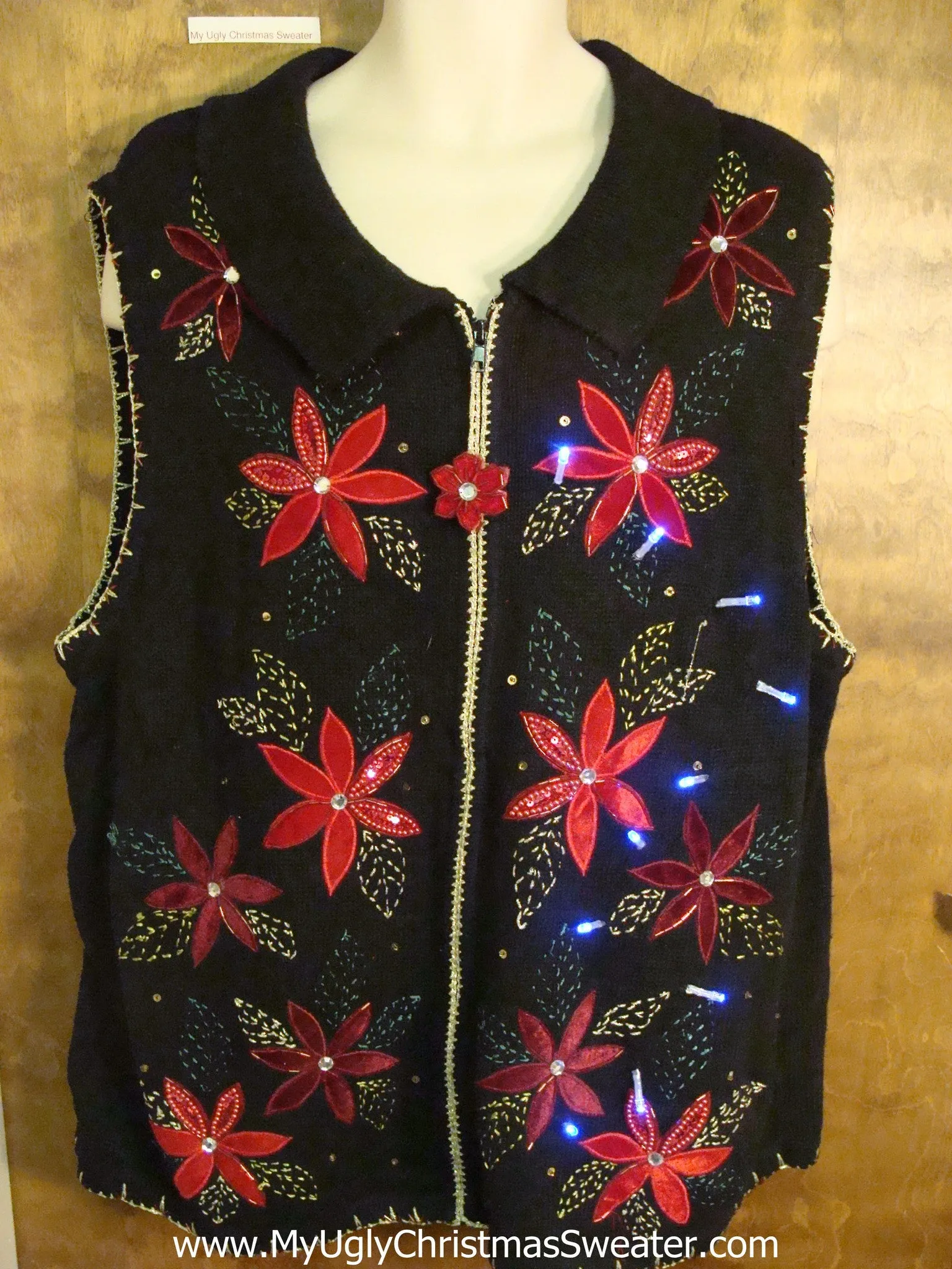 Cheesy Red Poinsettias Light Up Ugly Xmas Sweater Vest