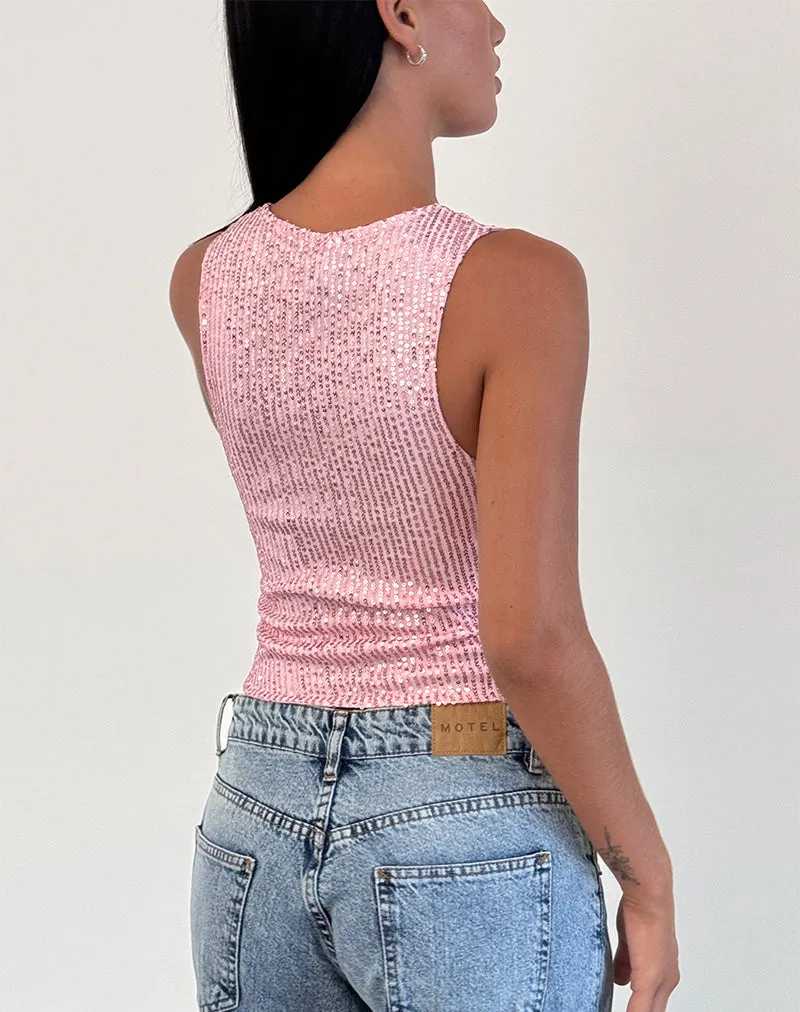 Hala Vest Top in Pink Mini Sequin