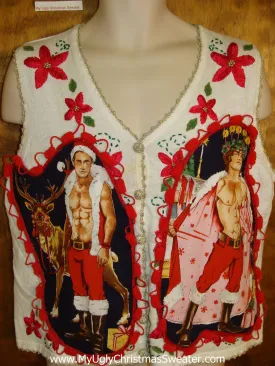 Ivory Knit with Poinsettias and Hottie Guy Ugly Christmas Sweater Vest