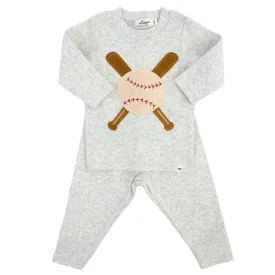 oh baby! Two Piece Set - Vintage Baseball Applique - Heather Gray