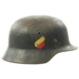 Original German WWII Named Luftwaffe M35 Double Decal Droop Tail Eagle Steel Helmet - marked SE66