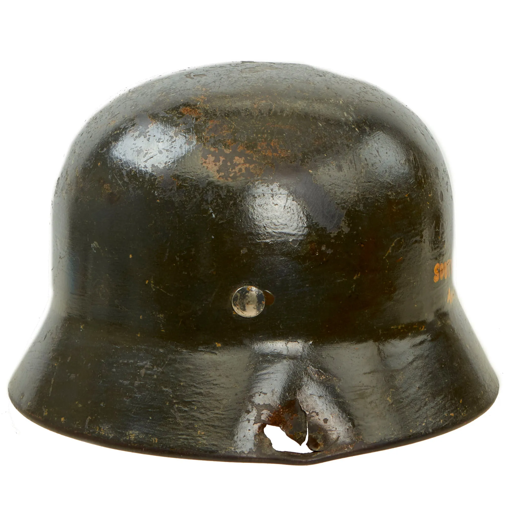 Original German WWII USGI Decorated Battle Damaged Luftwaffe M35 Single Decal "Southern France 1944" Helmet Shell - marked Q68