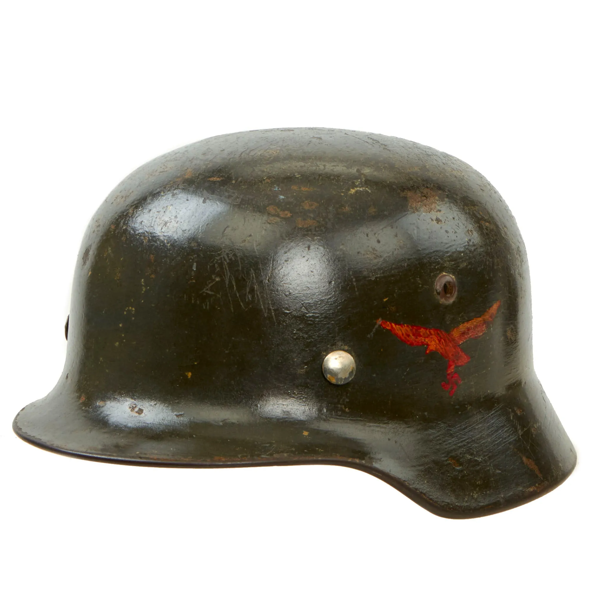 Original German WWII USGI Decorated Battle Damaged Luftwaffe M35 Single Decal "Southern France 1944" Helmet Shell - marked Q68