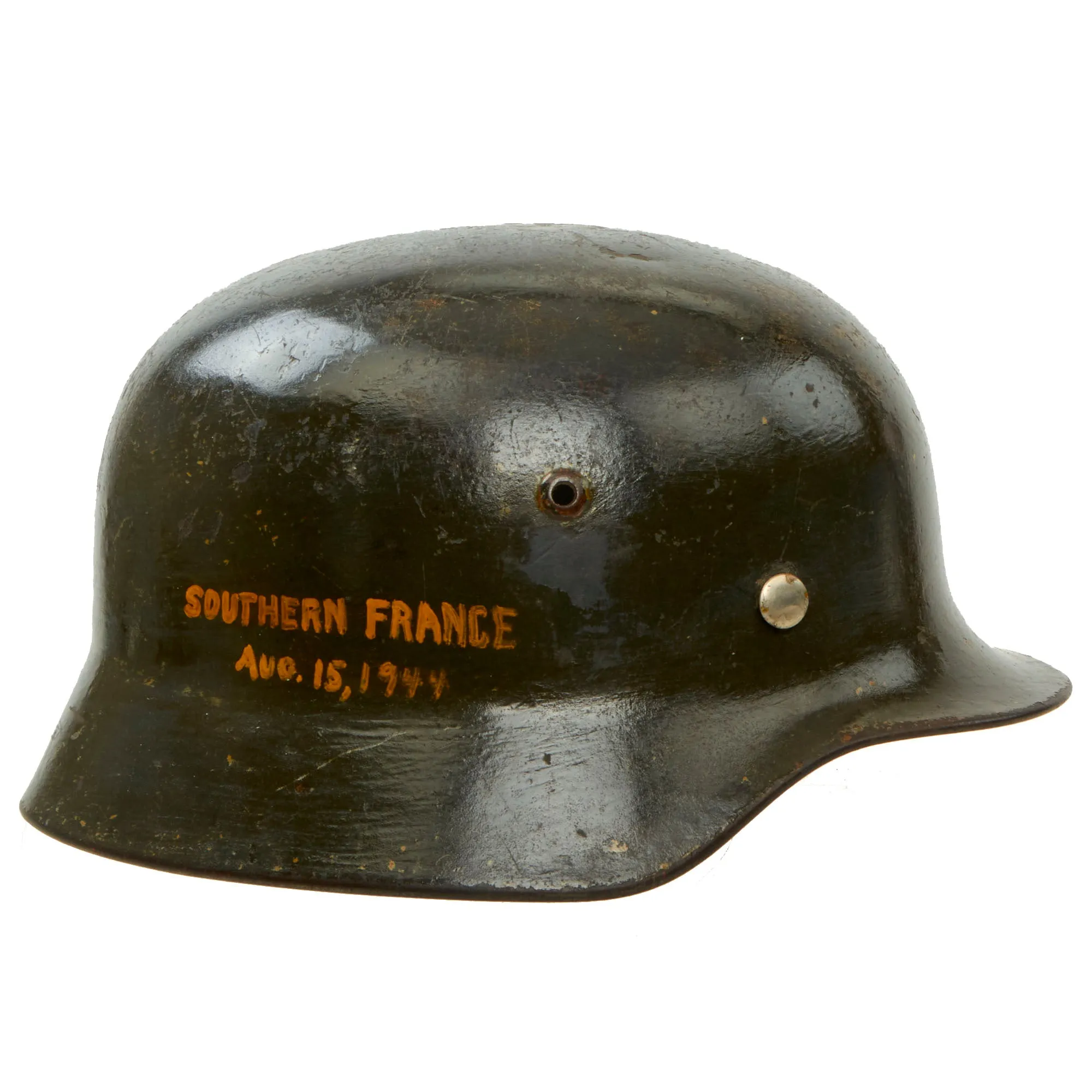 Original German WWII USGI Decorated Battle Damaged Luftwaffe M35 Single Decal "Southern France 1944" Helmet Shell - marked Q68