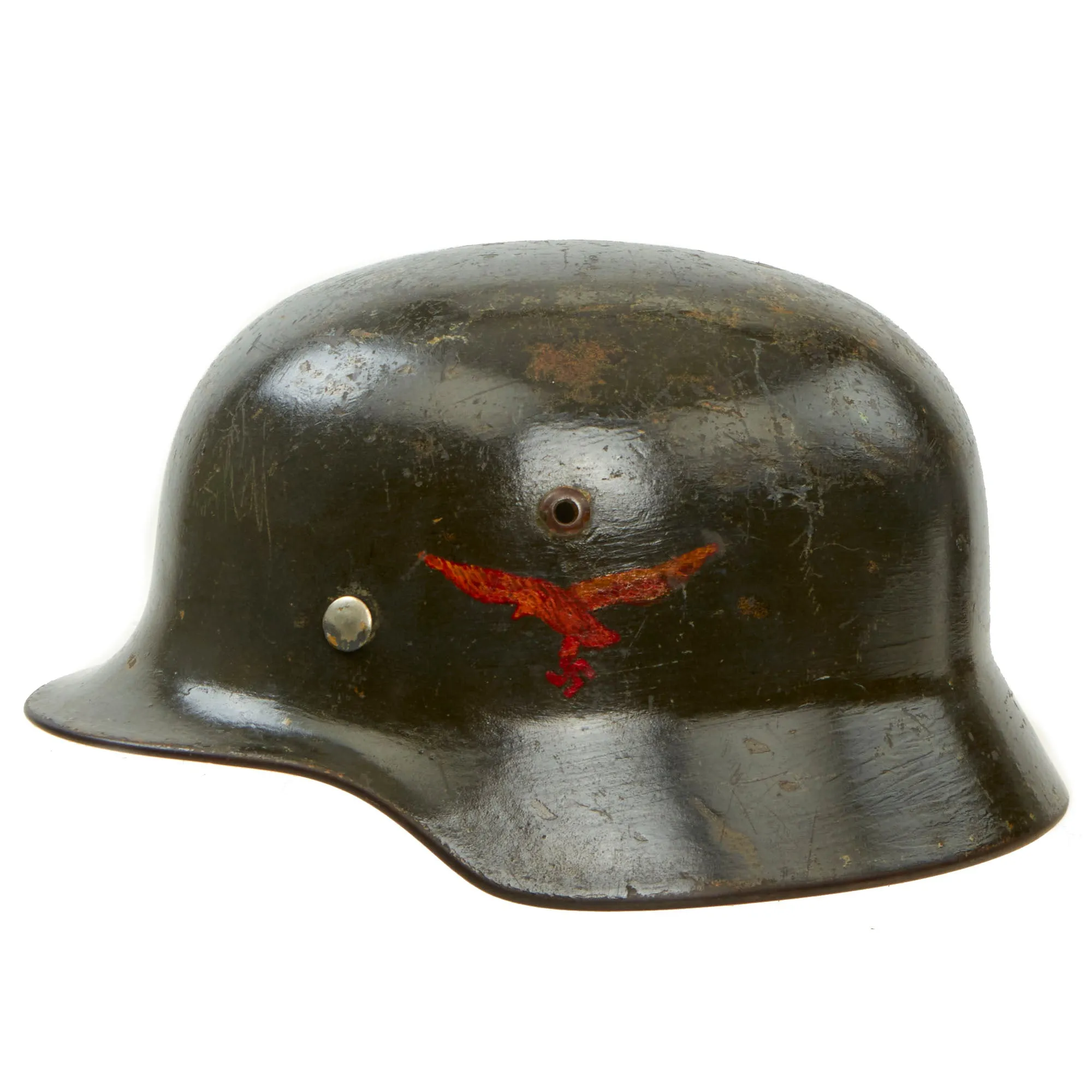 Original German WWII USGI Decorated Battle Damaged Luftwaffe M35 Single Decal "Southern France 1944" Helmet Shell - marked Q68