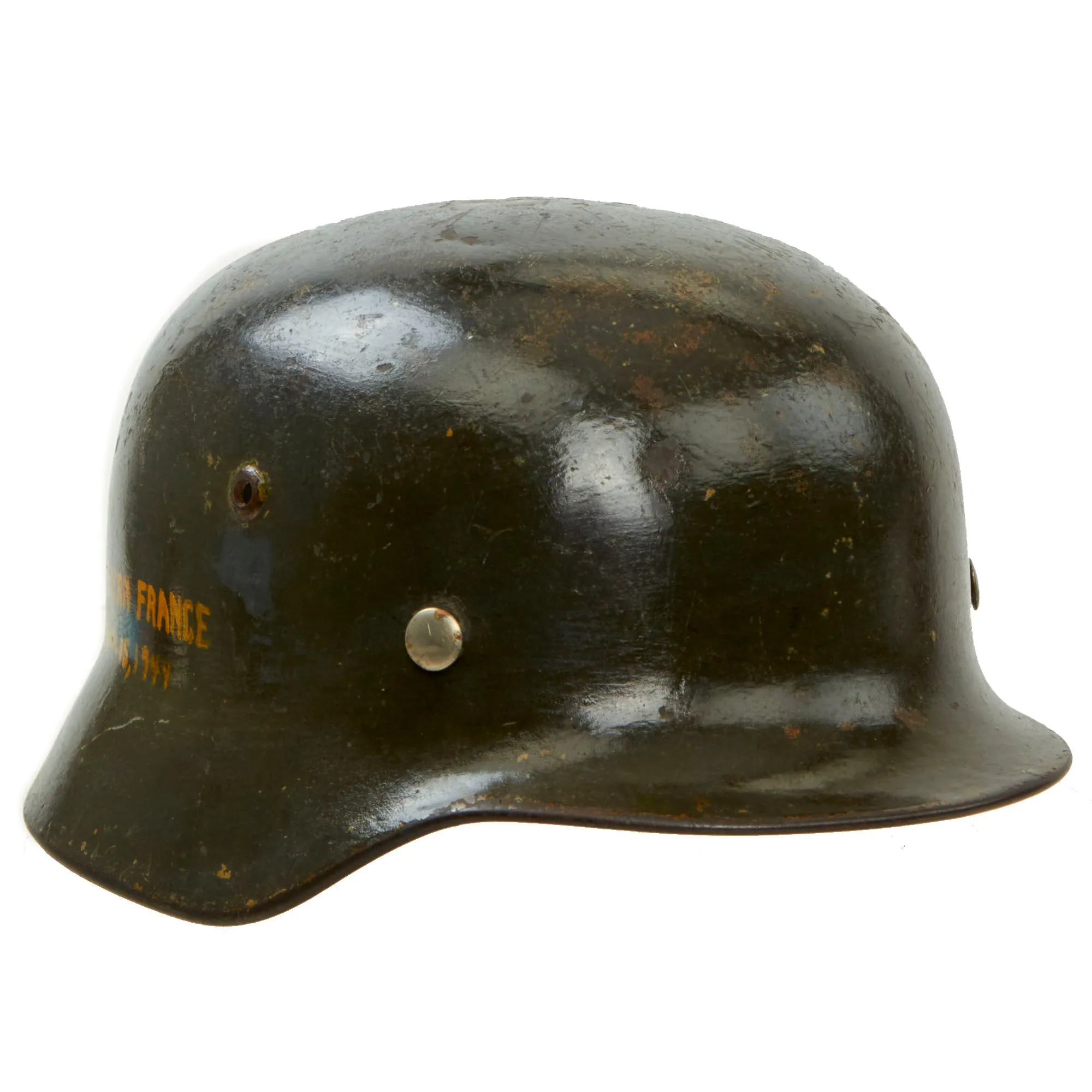 Original German WWII USGI Decorated Battle Damaged Luftwaffe M35 Single Decal "Southern France 1944" Helmet Shell - marked Q68