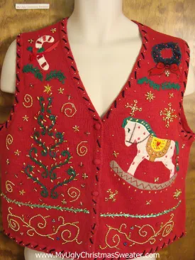 Red Ornate Ugly Christmas Sweater Vest with Rocking Horse