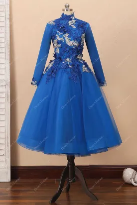 Royal Blue 3D Lace Tea-length Evening Prom Dress