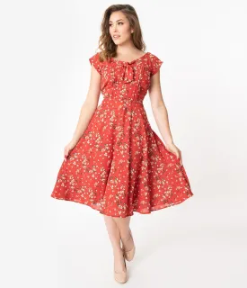 Unique Vintage 1940s Style Red Floral Print Havilland Dress