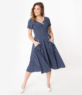 Unique Vintage 1950s Navy & White Polka Dot Goldie Swing Dress