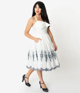 Unique Vintage 1950s White & Navy Embroidery Golightly Swing Dress