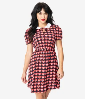 Unique Vintage Navy & Red Heart Print Collared Flare Dress