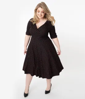 Unique Vintage Plus Size 1950s Black & Red Pin Dot Delores Swing Dress with Sleeves