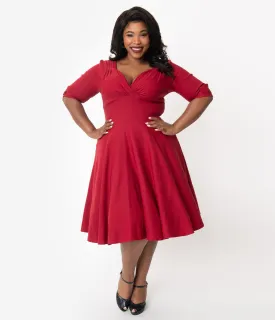 Unique Vintage Plus Size 1950s Merlot Red Delores Swing Dress with Sleeves