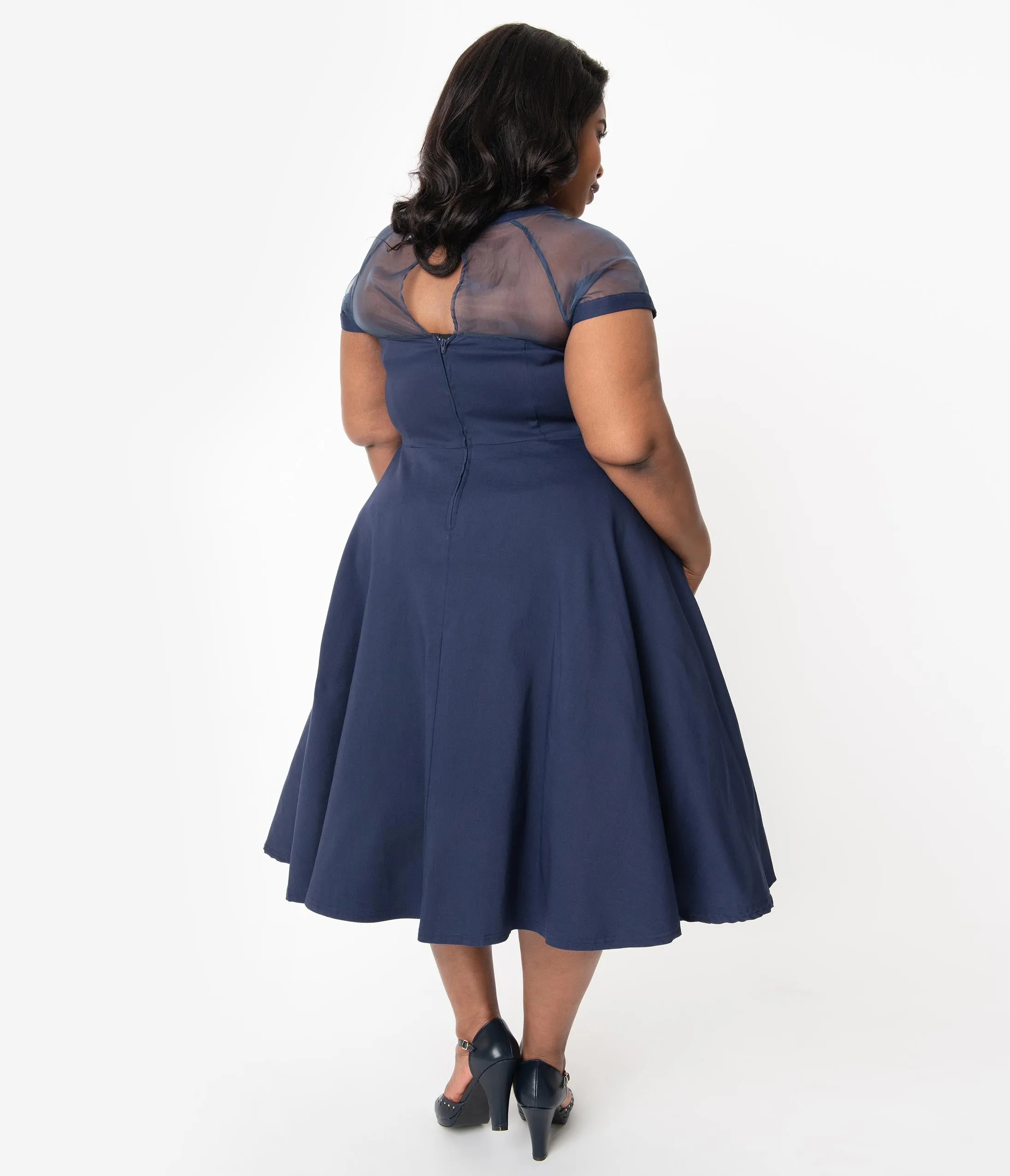 Unique Vintage Plus Size 1950s Navy Blue Shirelle Swing Dress