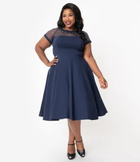 Unique Vintage Plus Size 1950s Navy Blue Shirelle Swing Dress