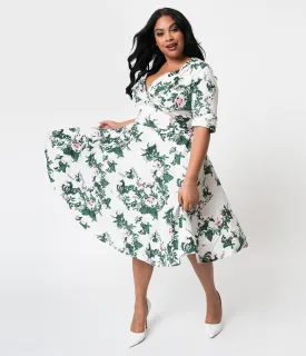 Unique Vintage Plus Size 1950s White & Pink Briar Rose Print Delores Swing Dress with Sleeves