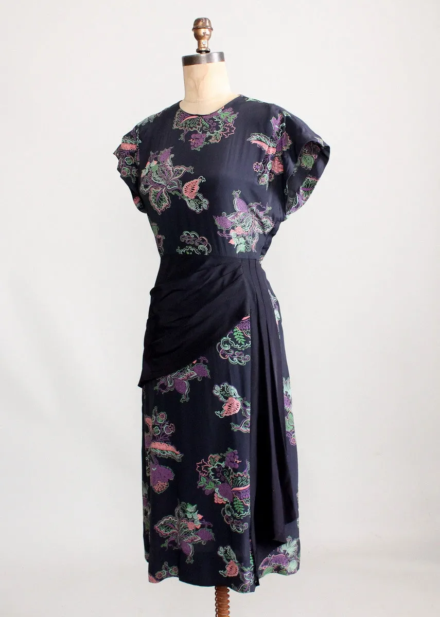 Vintage 1940s Floral Rayon Dress with Swag Front Skirt