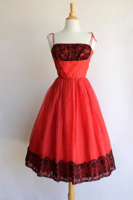 Vintage 1950s Full Skirt Party Dress Red with Black Lace Dress