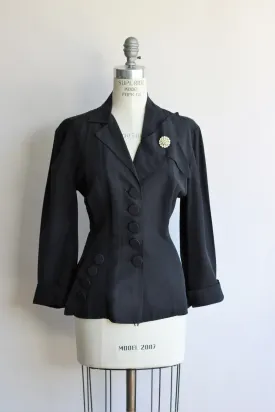 Vintage 1950s New Look Black Rayon Jacket With Rhinestone Pin