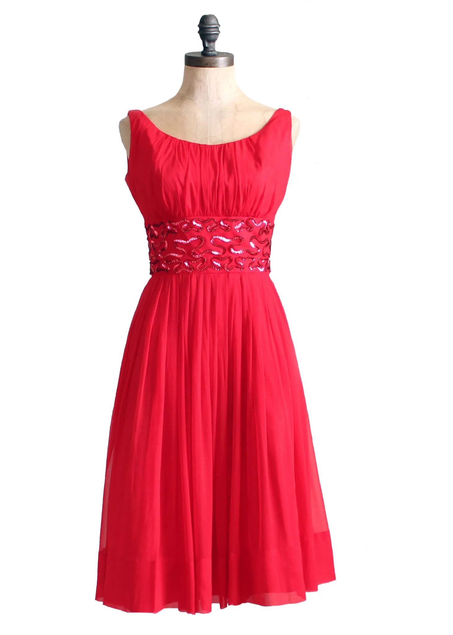 Vintage 1960s Red Chiffon and Sequins Party Dress