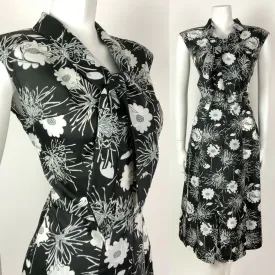 VINTAGE 60s 70s BLACK GREY WHITE FLORAL BOW SHAWL SLEEVELESS DRESS 10 12