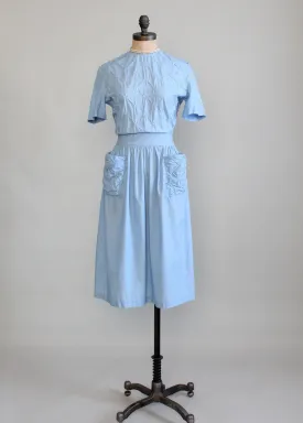 Vintage Early 1940s Blue Cotton Swing Dress