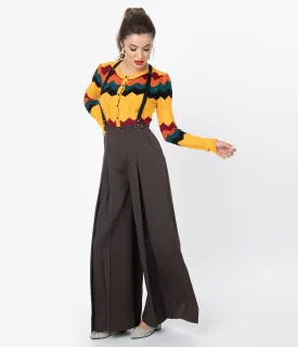 Voodoo Vixen 1940s Style Brown Wide Leg Pleated Suspender Trousers