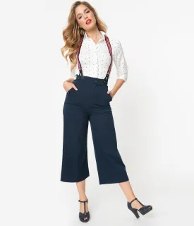 Voodoo Vixen Navy Blue High Waist Culottes with Suspenders