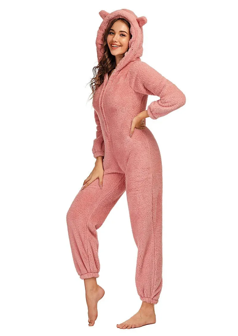 Women's Winter Warm Pyjamas Girls Onesies Fluffy Fleece Jumpsuits Nightwear Overall Hooded Sets Pajamas for Female Plus Size