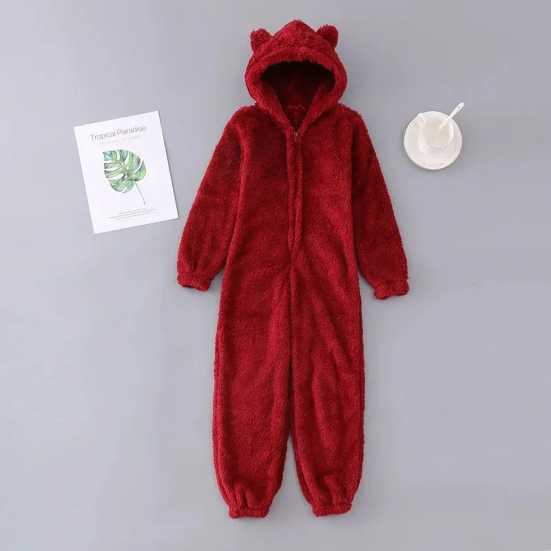 Women's Winter Warm Pyjamas Girls Onesies Fluffy Fleece Jumpsuits Nightwear Overall Hooded Sets Pajamas for Female Plus Size