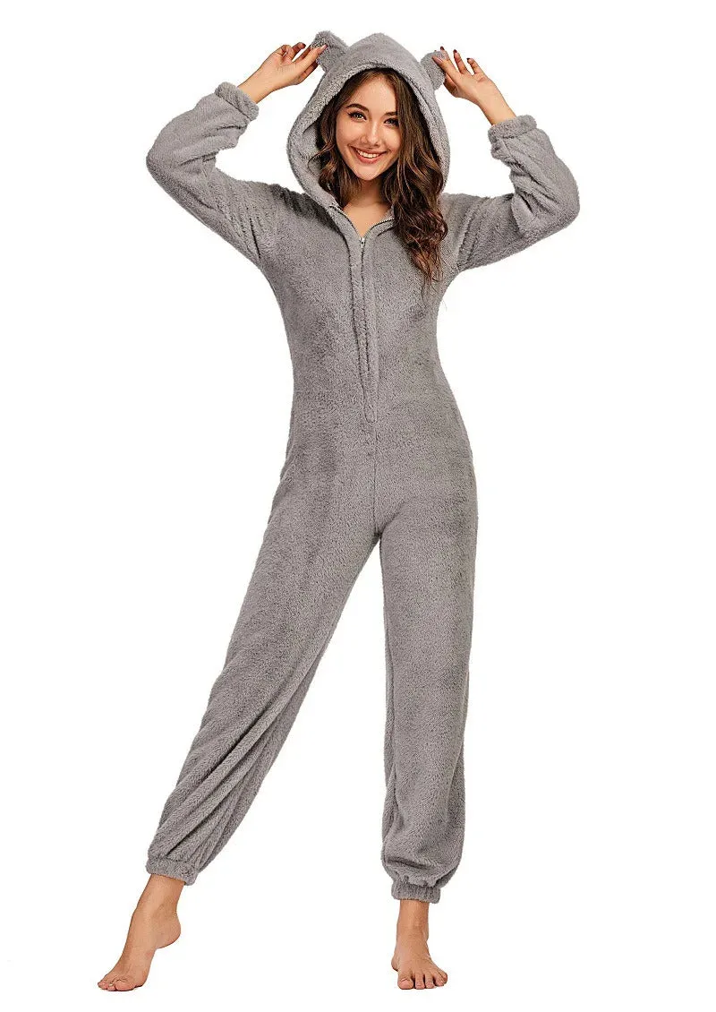 Women's Winter Warm Pyjamas Girls Onesies Fluffy Fleece Jumpsuits Nightwear Overall Hooded Sets Pajamas for Female Plus Size