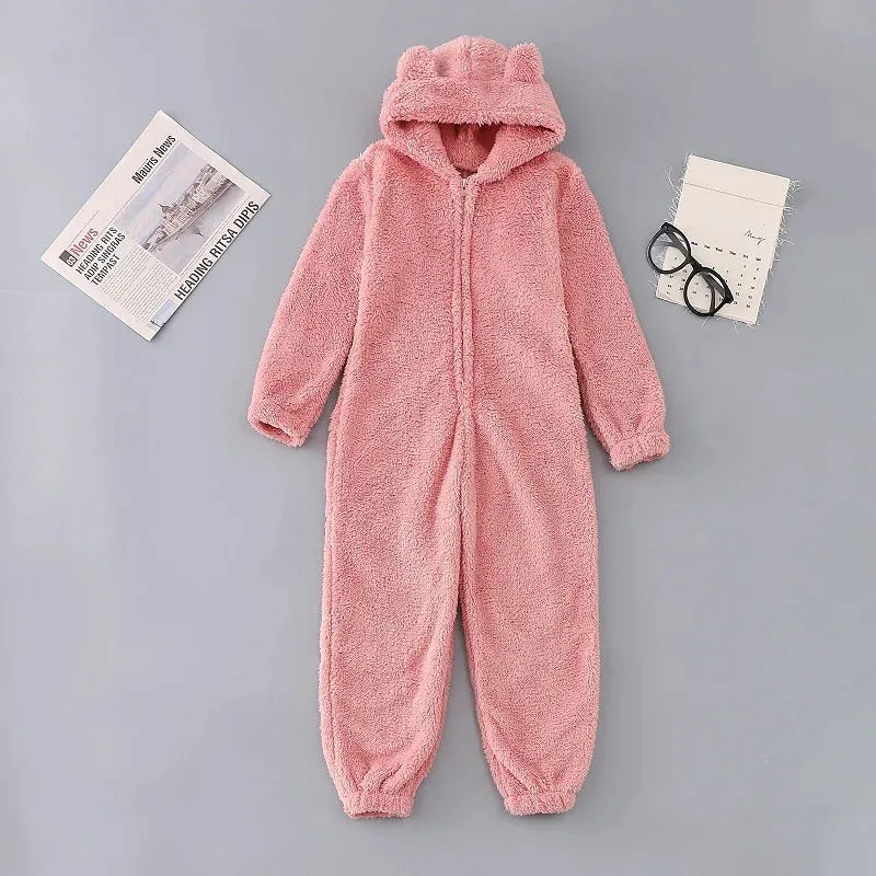 Women's Winter Warm Pyjamas Girls Onesies Fluffy Fleece Jumpsuits Nightwear Overall Hooded Sets Pajamas for Female Plus Size