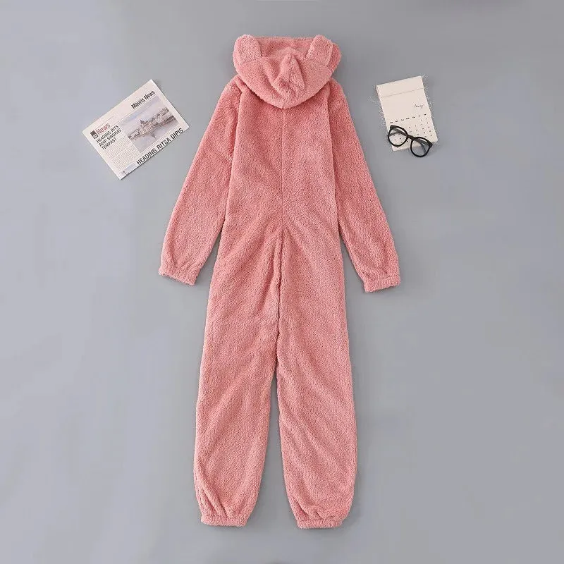 Women's Winter Warm Pyjamas Girls Onesies Fluffy Fleece Jumpsuits Nightwear Overall Hooded Sets Pajamas for Female Plus Size